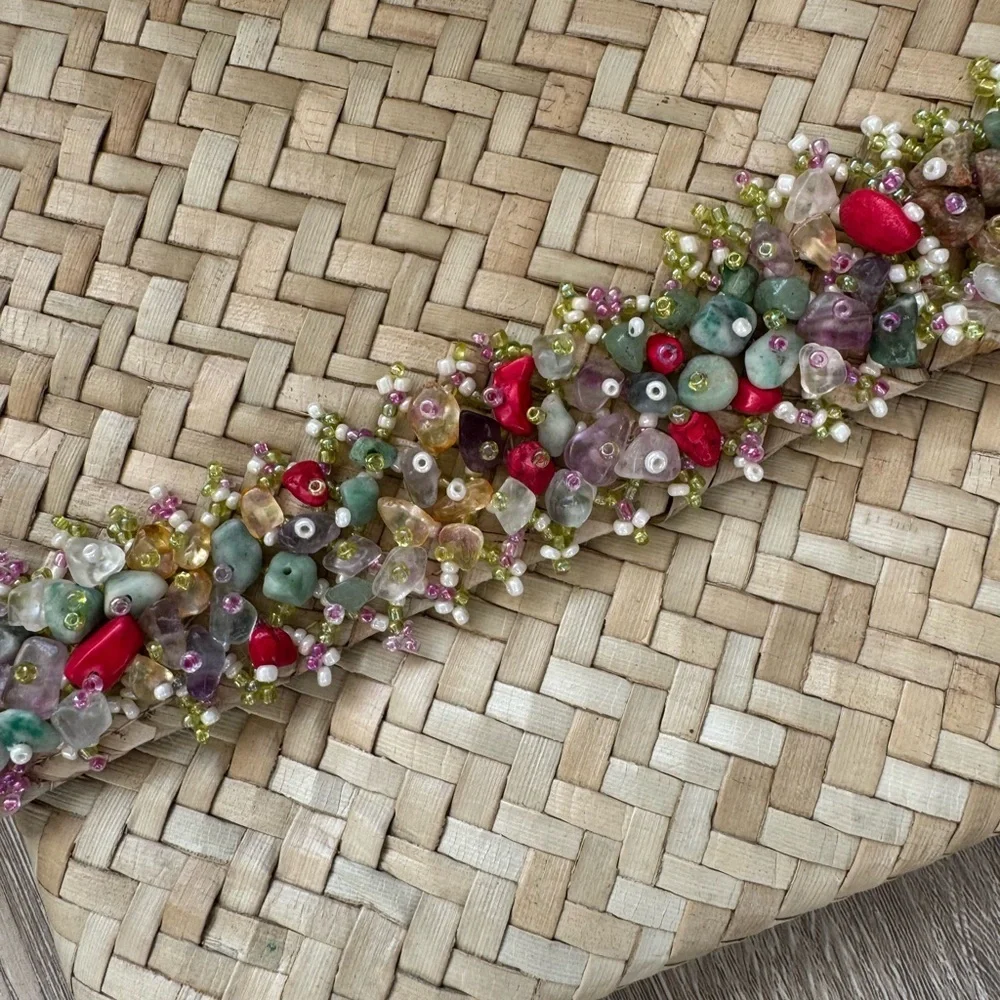 Vintage Crystal Beaded Straw Woven clutch
